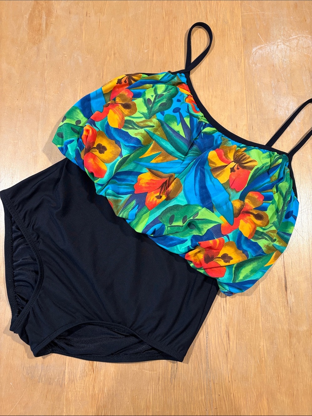 Sirena ~ Black Neon Floral Print One-Piece Swimsuit with Flounce